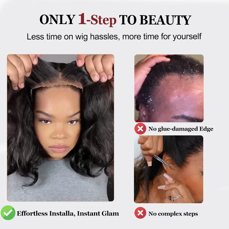 Glueless #1 Jet Black Flexi-Fit Invisi Drawstring Cap Elegance Loose Deep Wave Bob Wig Human Hair Wigs