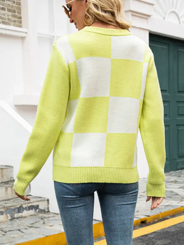Crew Neck Knitted Plaid Sweater