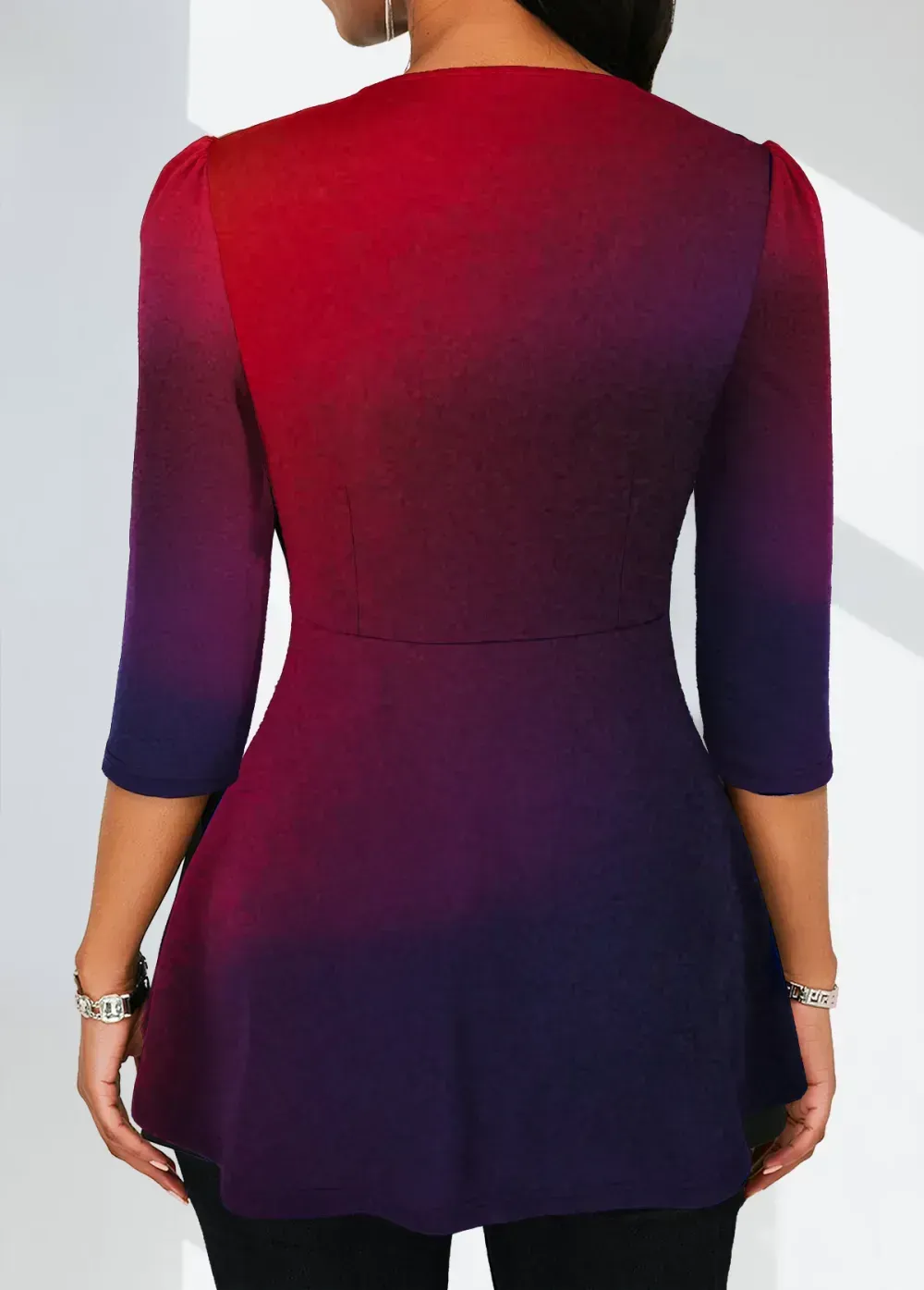 Multi Color Twist Ombre 3/4 Sleeve V Neck Blouse