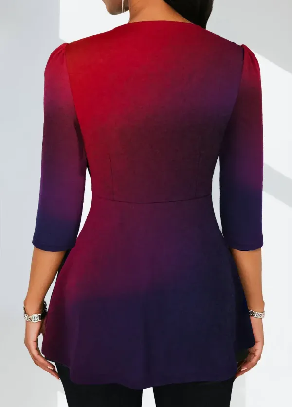 Multi Color Twist Ombre 3/4 Sleeve V Neck Blouse