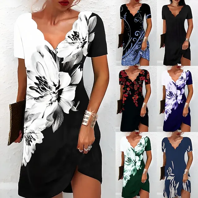 Women's Casual Dress Shift Dress Floral Dress Mini Dress Black And White Black White Short Sleeve Floral Print Summer Spring Scalloped Neck Fashion Vacation 2023 S M L XL XXL 3XL