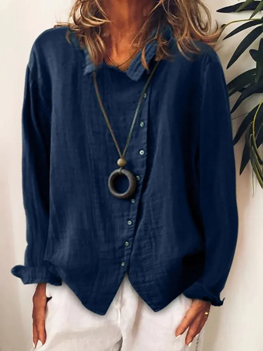 Women Solid Color Long Sleeve Irregular Single-breasted Cotton Linen Shirt Blouse
