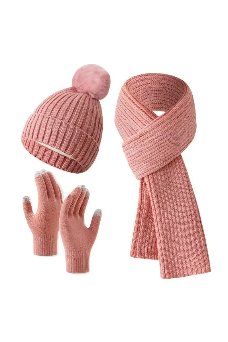 Knitted Hat, Double-layer Fleece Warm Wool Scarf, Gloves, Three-piece Set