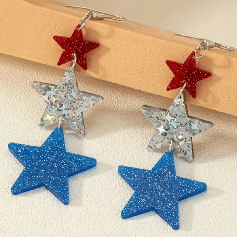 American Independence Day Five-pointed Star Three-color Stitching Glitter Simple Earrings