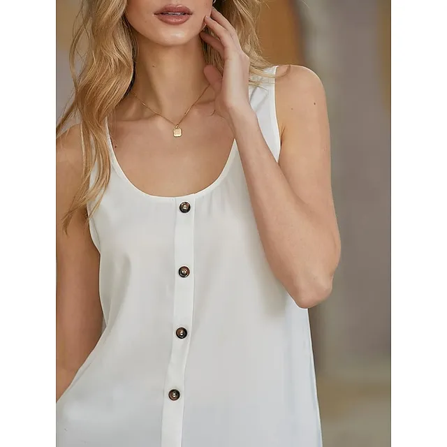 Women's ArmyGreen Black White Plain Sleeveless Daily Basic V Neck Regular S