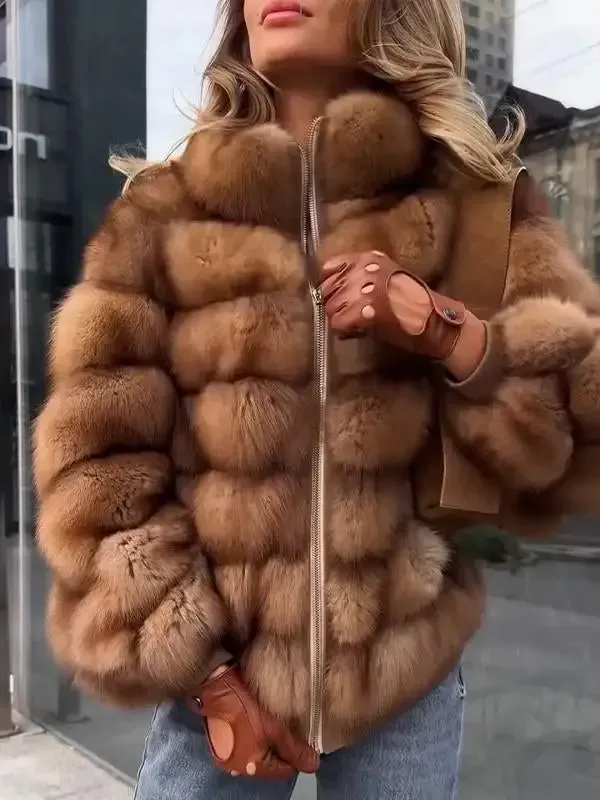 Women's Zippered Fur Patchwork Sleeve Warm Jacket