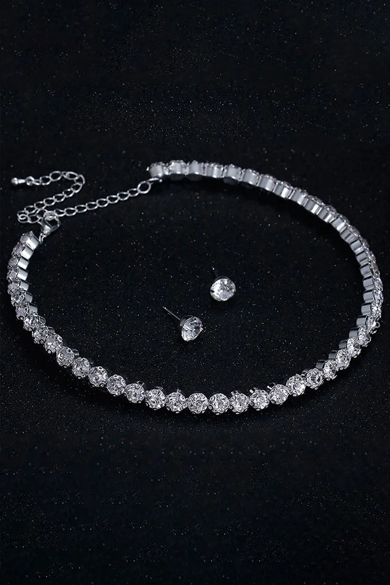 Shinning Rhinestone Necklace Bracelet Stud Earrings Three-Piece Set-Silver