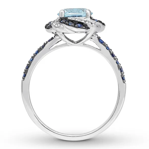 Aquamarine & Lab-Created Sapphire Engagement Ring Round-cut 14K White Gold