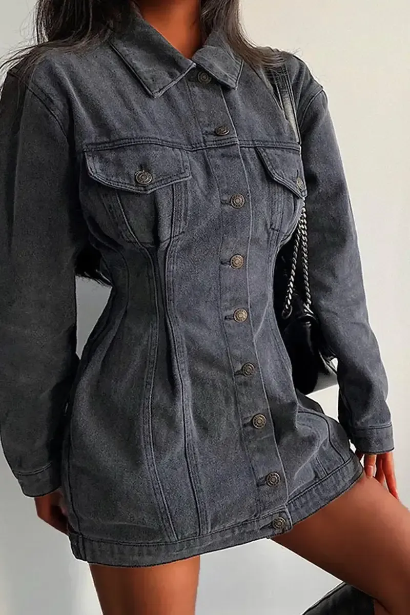 Woman Elegant Waisted Denim Dress Jacket