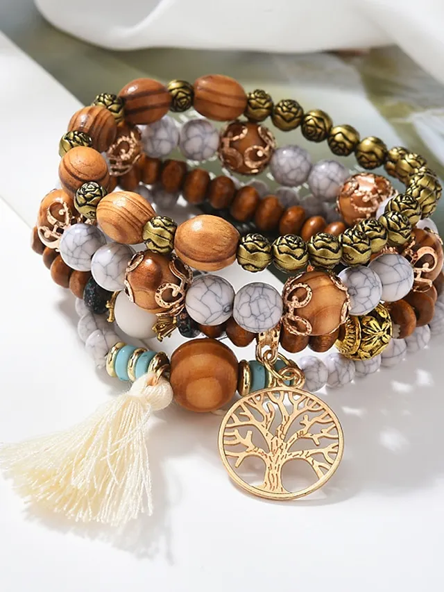 Women's Bead Bracelet Vintage Bracelet Layered Fashion Tree of Life Flower Elegant Fashion Personalized Tassel Bohemian Alloy Bracelet Jewelry For Gift Holiday Date Beach Festival