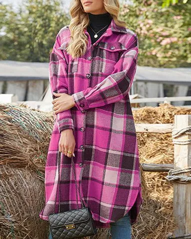 Casual Plaid Lapel Trench Coat