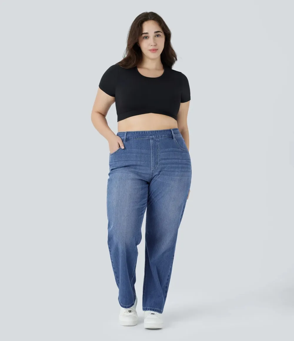High Waisted Multiple Pockets Straight Leg Washed Stretchy Knit Casual Jeans