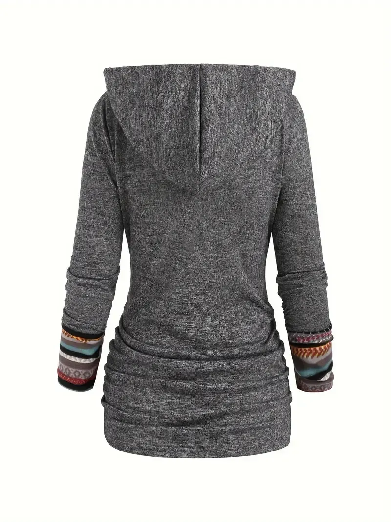 Stripe Splicing Button Decor Hoodie, Casual Long Sleeve Hoodie