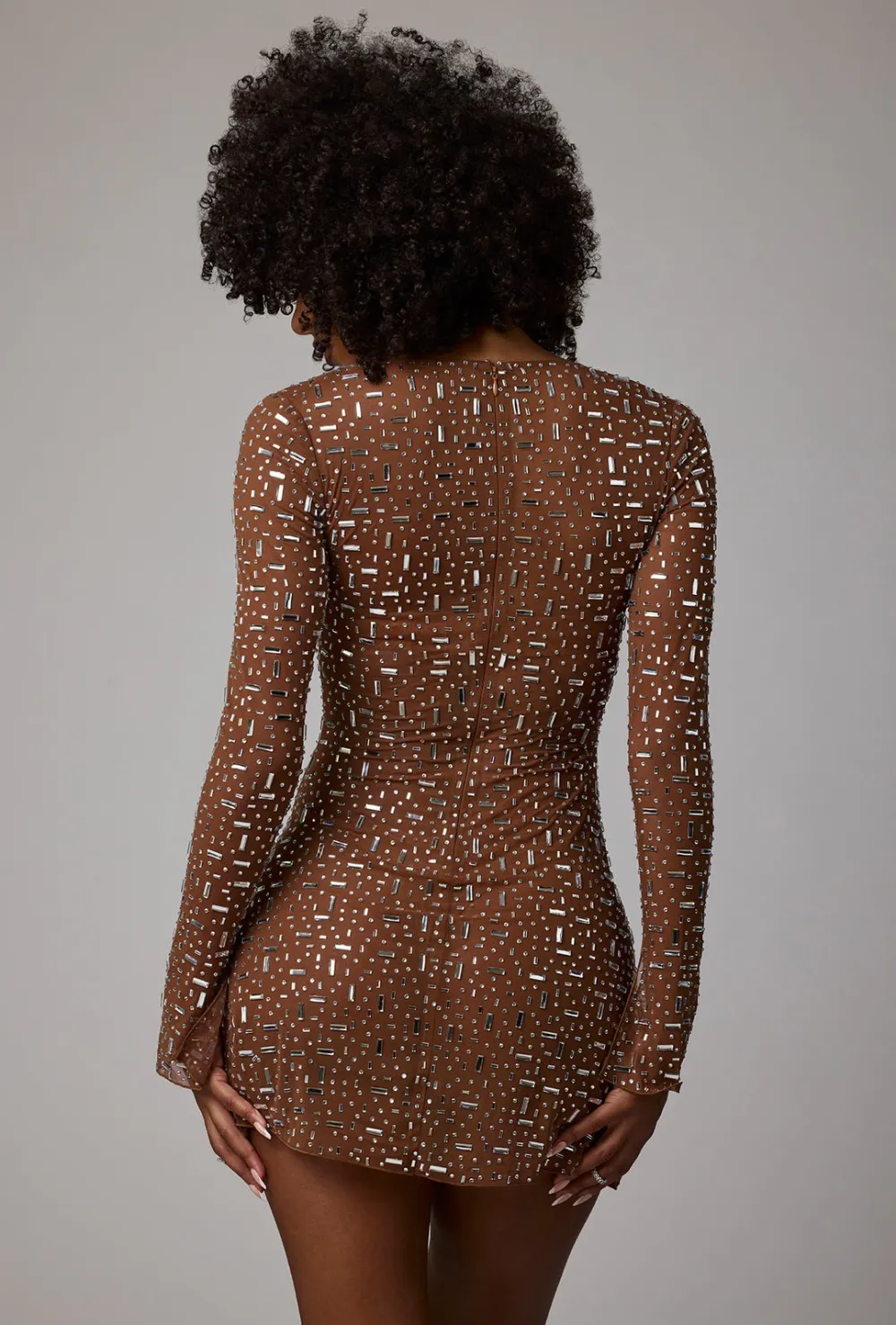 Sheer Embellished Long Sleeve A-Line Mini Dress - Almond