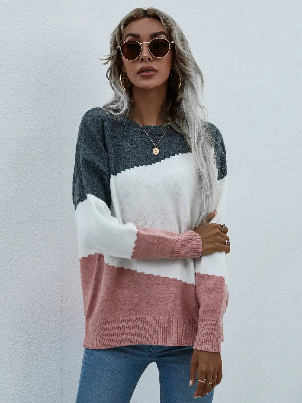 Color Block Dropped Shoulder Pullover Sweater