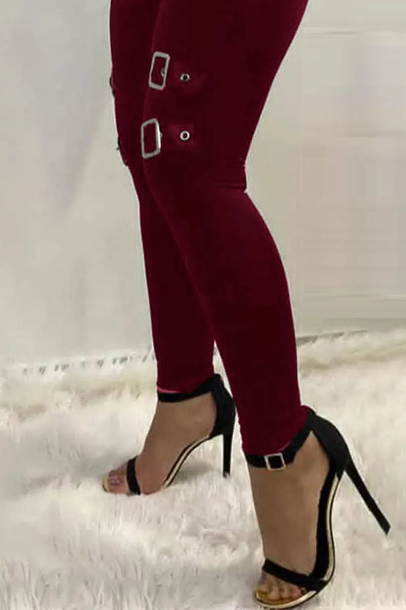 Zip Front Buckle Belted Skinny Pants