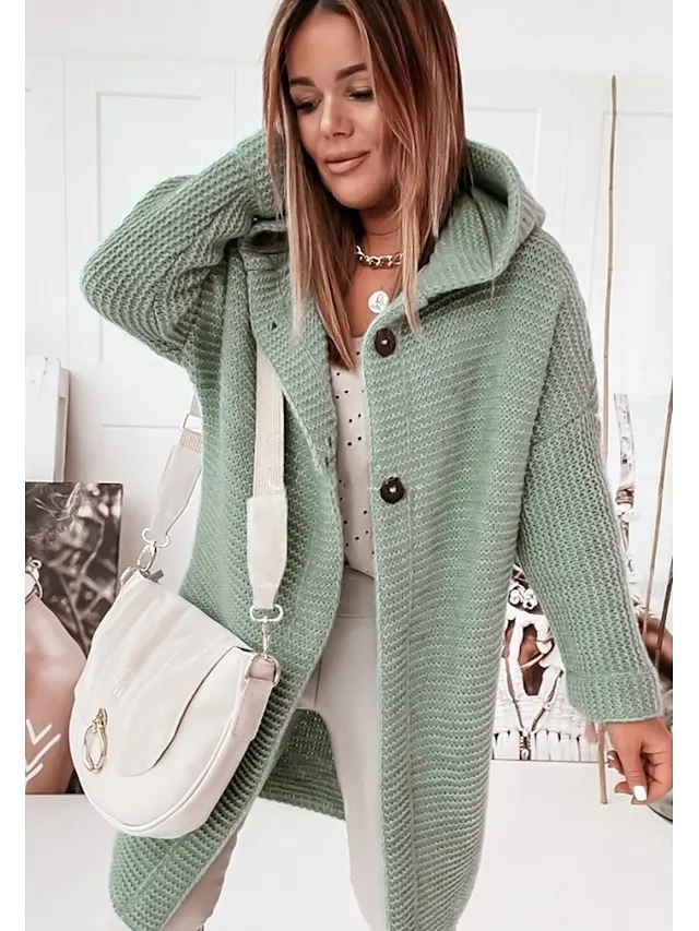 Women's Cardigan Sweater Jumper Knit Button Knitted Solid Color Hooded Stylish Casual Daily Weekend Winter Fall Green Pink S M L / Long Sleeve / Regular Fit