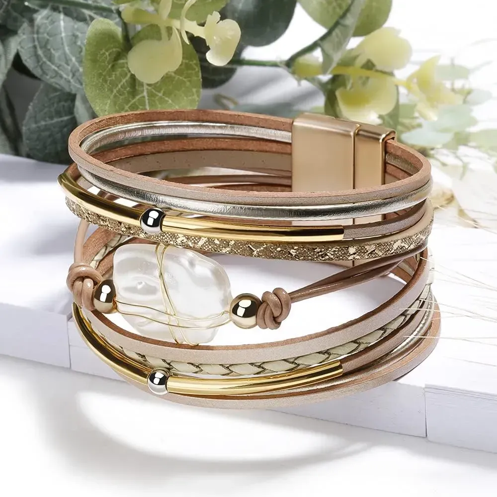 Fesciory Leather Wrap Bracelets for Women, Boho Leopard Multi-Layer Crystal Beads Cuff Bracelet Jewelry