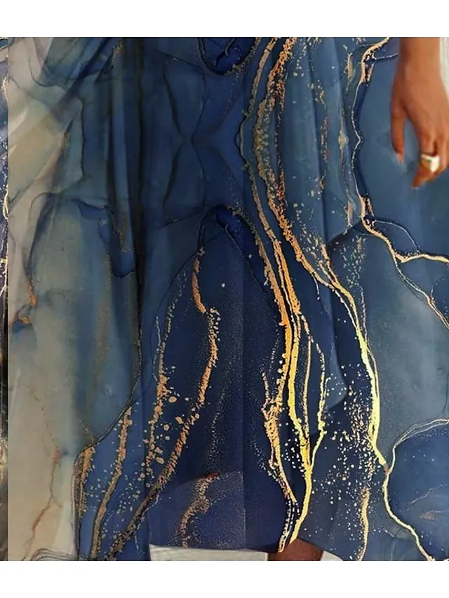 Women's Casual Dress Swing Dress Sundress Midi Dress Blue Short Sleeve Print Print Summer Spring V Neck Fashion Wedding Guest Vacation Summer Dress 2023 S M L XL XXL 3XL