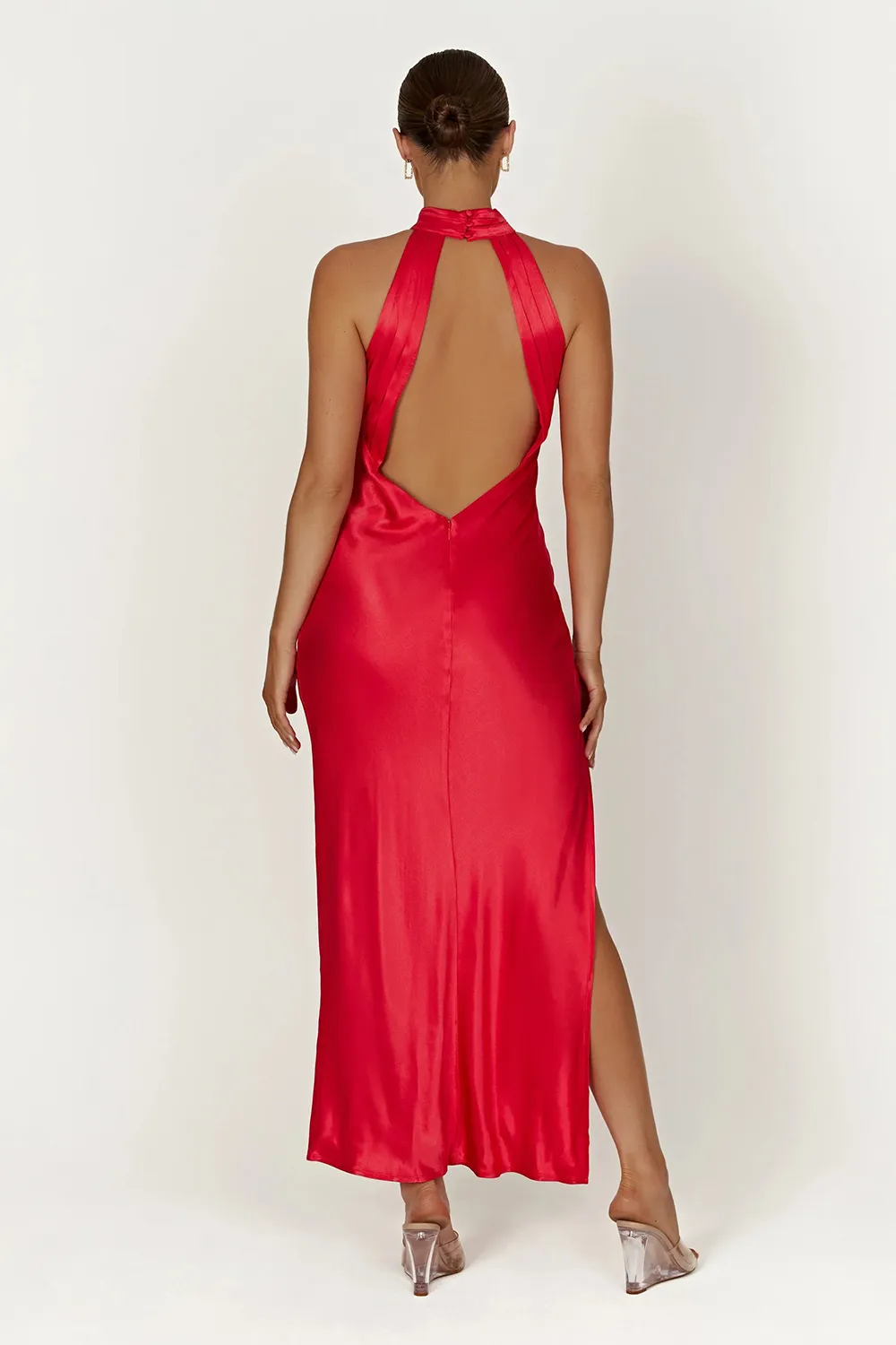 Satin Drape Back Maxi Dress with Split - Black