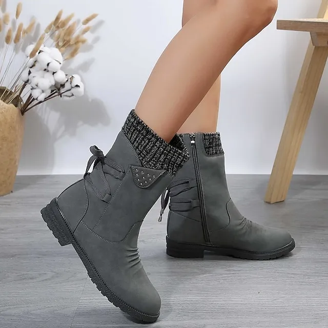 Women's Boots Snow Boots Sweater Boots Plus Size Outdoor Daily Mid Calf Boots Winter Lace-up Flat Heel Round Toe Casual Faux Leather Zipper Black Red Blue