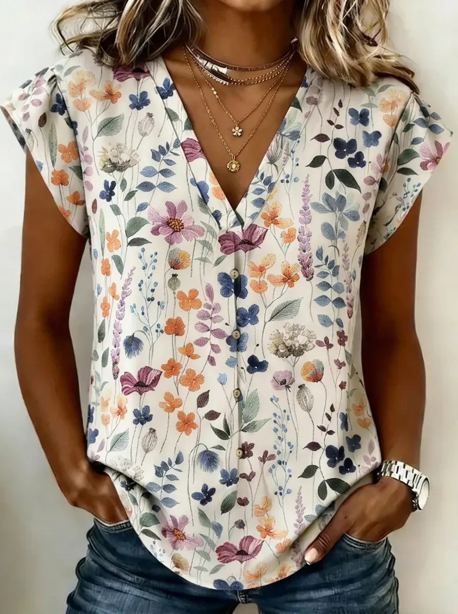 Women's Nashville Botanical Wildflower Printed V-Neck Top
