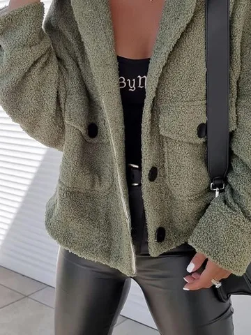 Fluff/Granular Fleece Fabric Loose Plain Casual Teddy Jacket