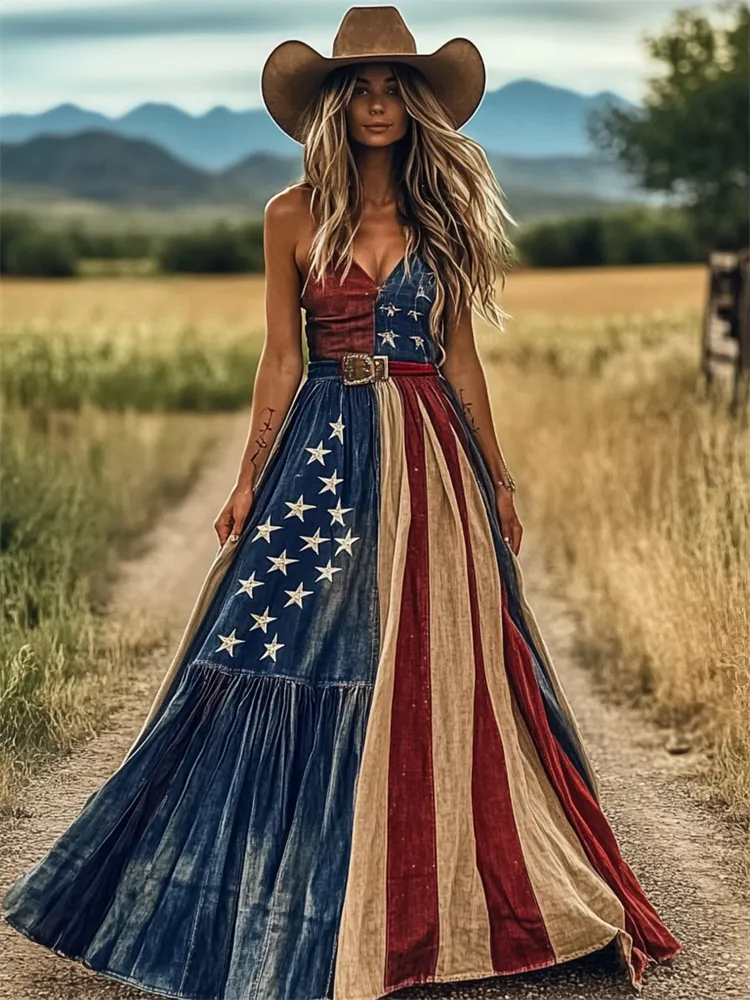 American Sweetheart Distressed Flag Contrast Maxi Dress
