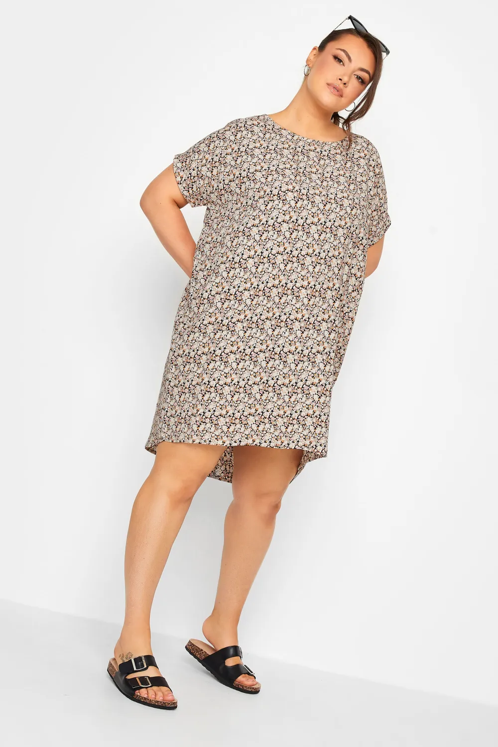 YOURS Curve Brown Ditsy Print Shift Dress