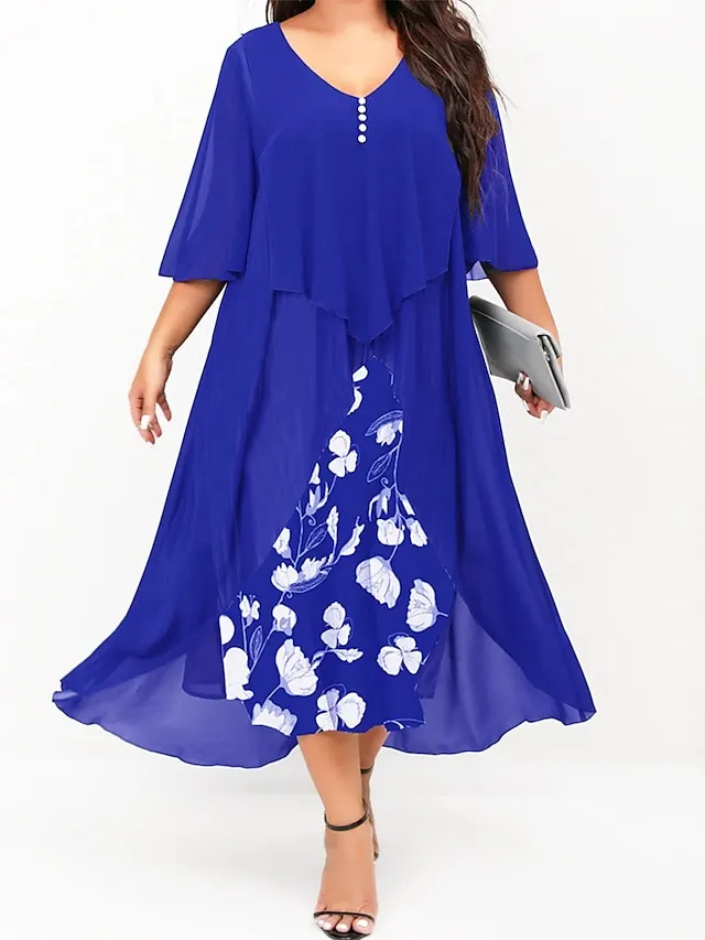 Women‘s Plus Size Curve Work Dress Floral V Neck Ruched 3/4 Length Sleeve Spring Summer Work Elegant Midi Dress  Layered Formal Vacation Dress Wedding Guest Dress