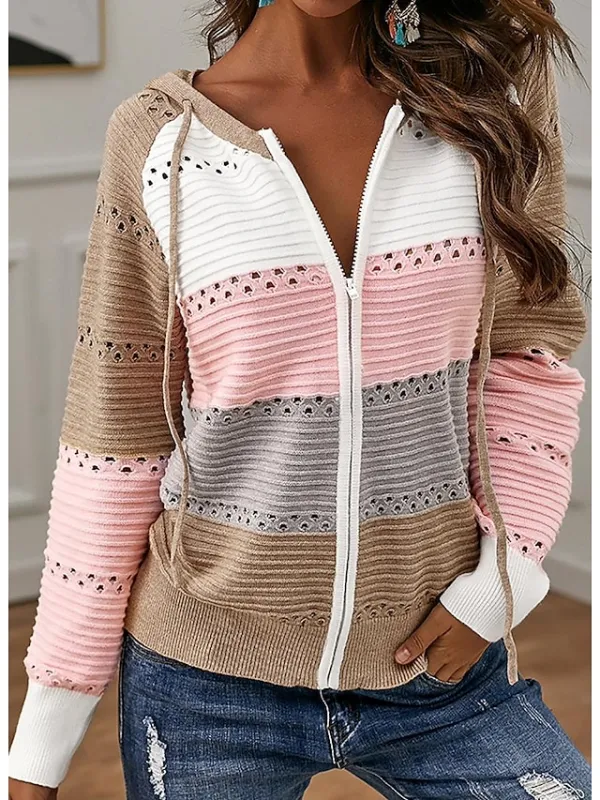 Suéter feminino com capuz e malha canelada com zíper e patchwork Primavera e outono Exterior Diariamente Exterior Moda Casual Macia Manga Longa