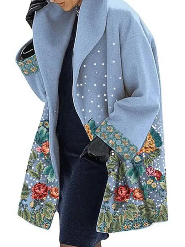Round neck loose print hooded wool coat