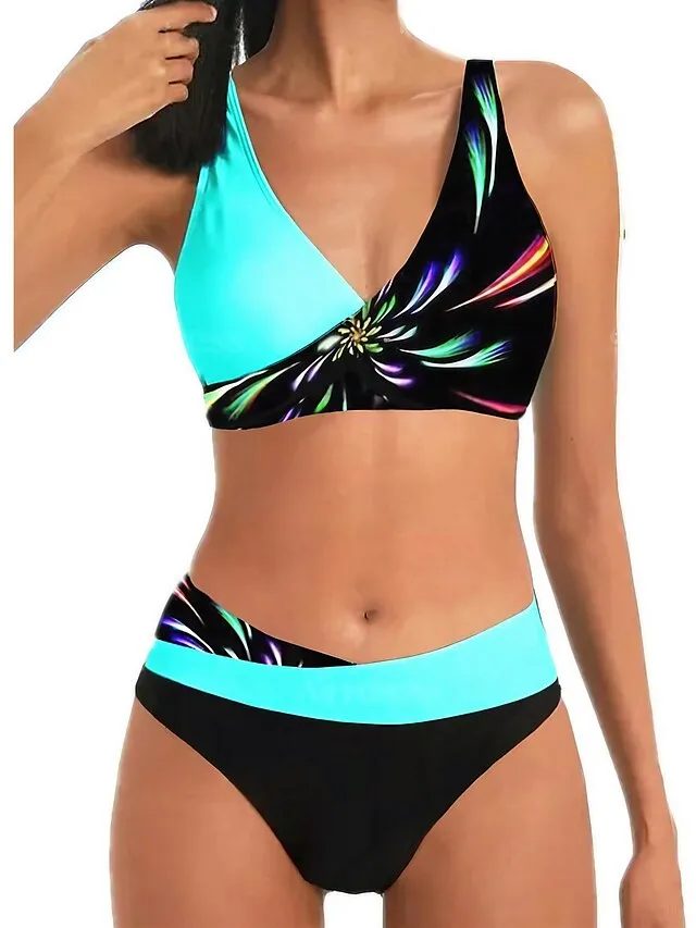 Women's Swimwear Bikini Plus Size Swimsuit 2 Piece Cut Out Graphic Blue Purple Gold Green Bandeau Bathing Suits Sports Push Up Summer