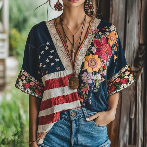Women's Independence Day Flag Floral Embroidered Three-quarter Sleeves T-shirt