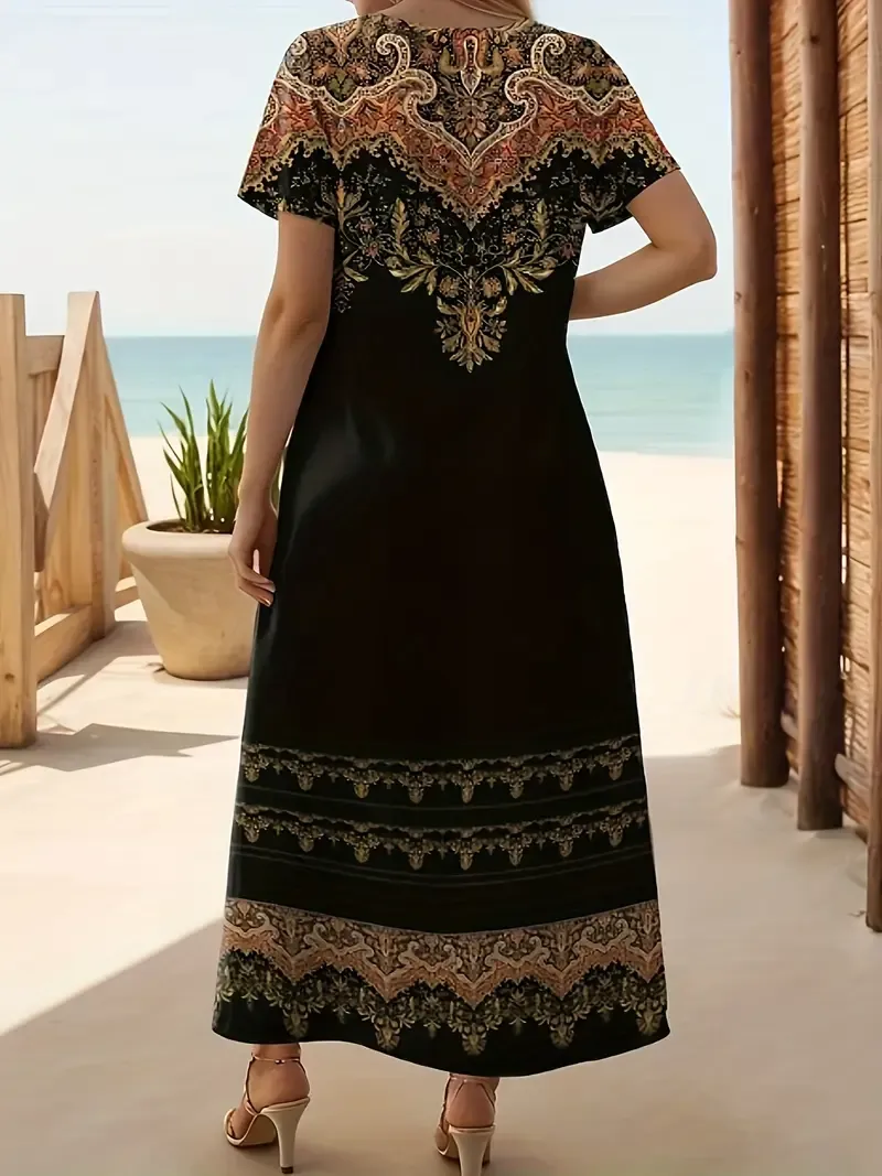 Plus Size Ethnic Print Split Side Dress, Boho Short Sleeve Crew Neck Midi Dress For Spring & Summer, Women's Plus Size Clothing