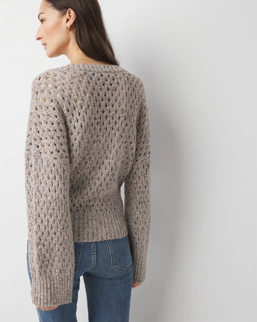 V-Neck Open Stitch Sequin Sweater
