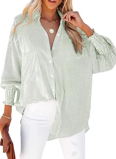 Womens Smocked Cuffed Striped Boyfriend Shirt Casual Collar Long Sleeve Oversized Button Down Blouse Tops with Pocket Shirred