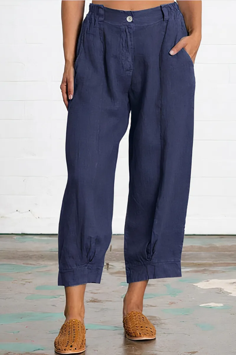 Solid Slant Pocket Elastic Waist Crop Pants