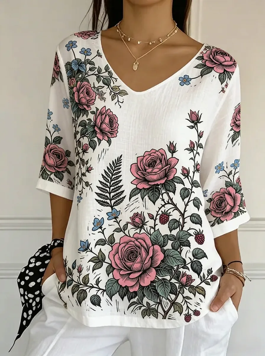 Women's Nashville Floral Rose Botanical Printed V-Neck Top