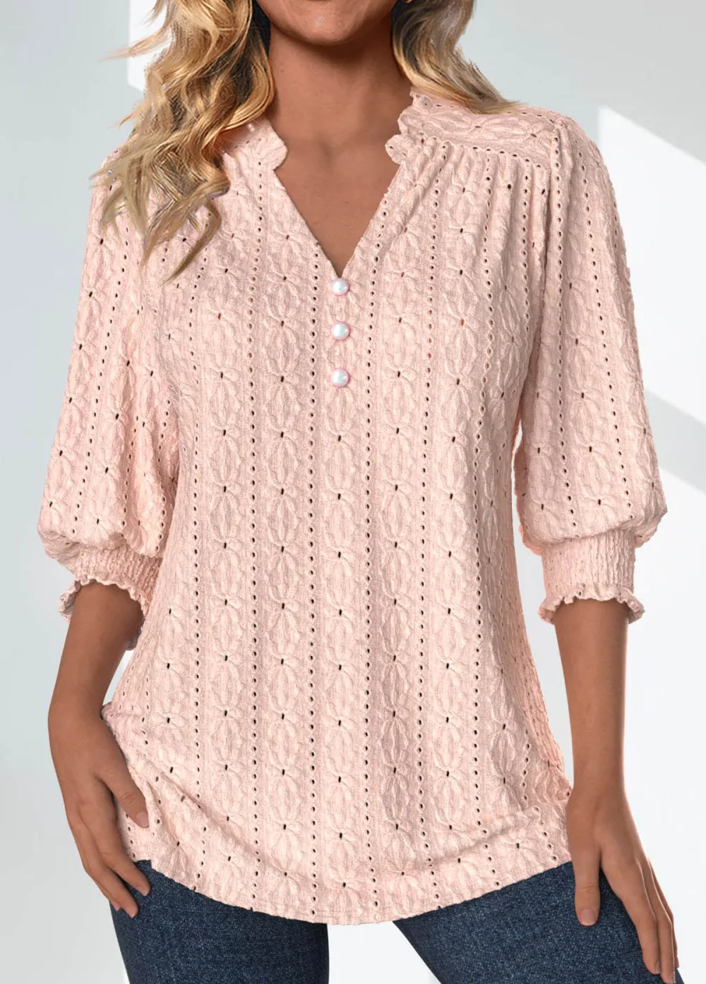 Light Pink Textured Fabric 3/4 Sleeve Split Neck Blouse