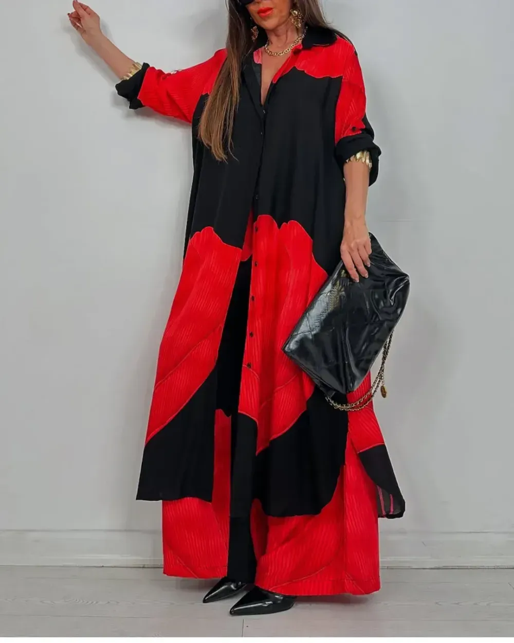 Women's V-neck Patchwork Printed Top and Pants Commuting Casual Suit