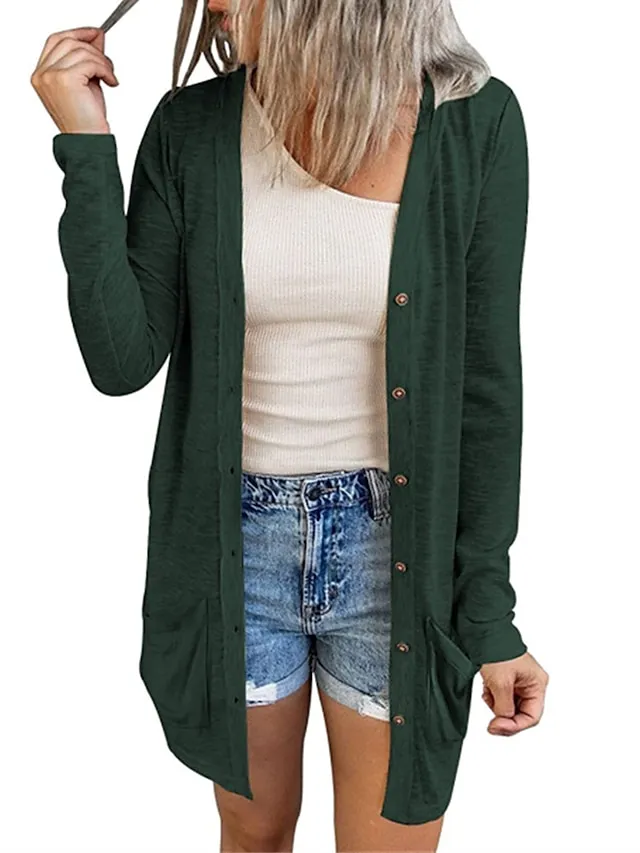 Women's Cardigan Sweater Cowl Ribbed Knit Polyester Button Summer Spring Outdoor Home Halloween Casual Soft Long Sleeve Solid Color Black White Light Green S M L