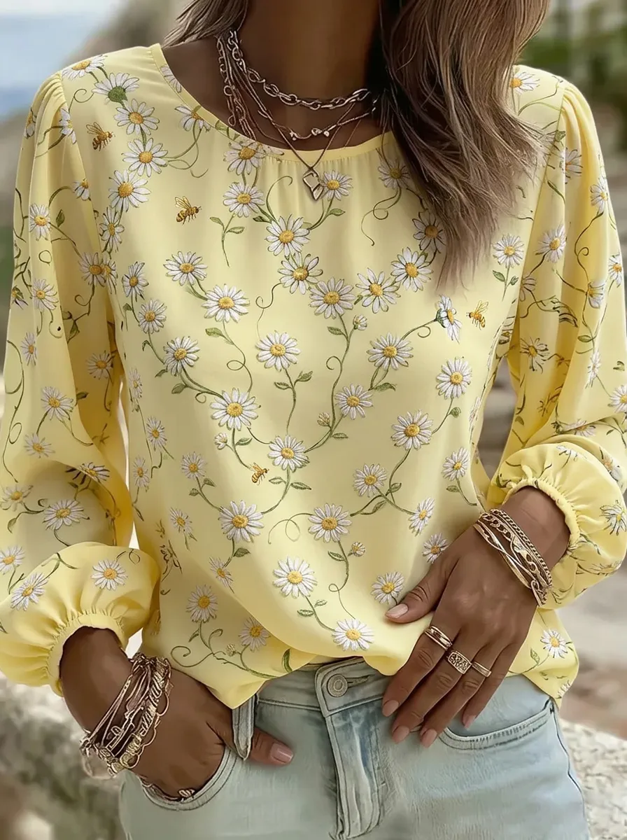 Women's Nashville Daisy Bee Floral Printed Long Sleeve Top