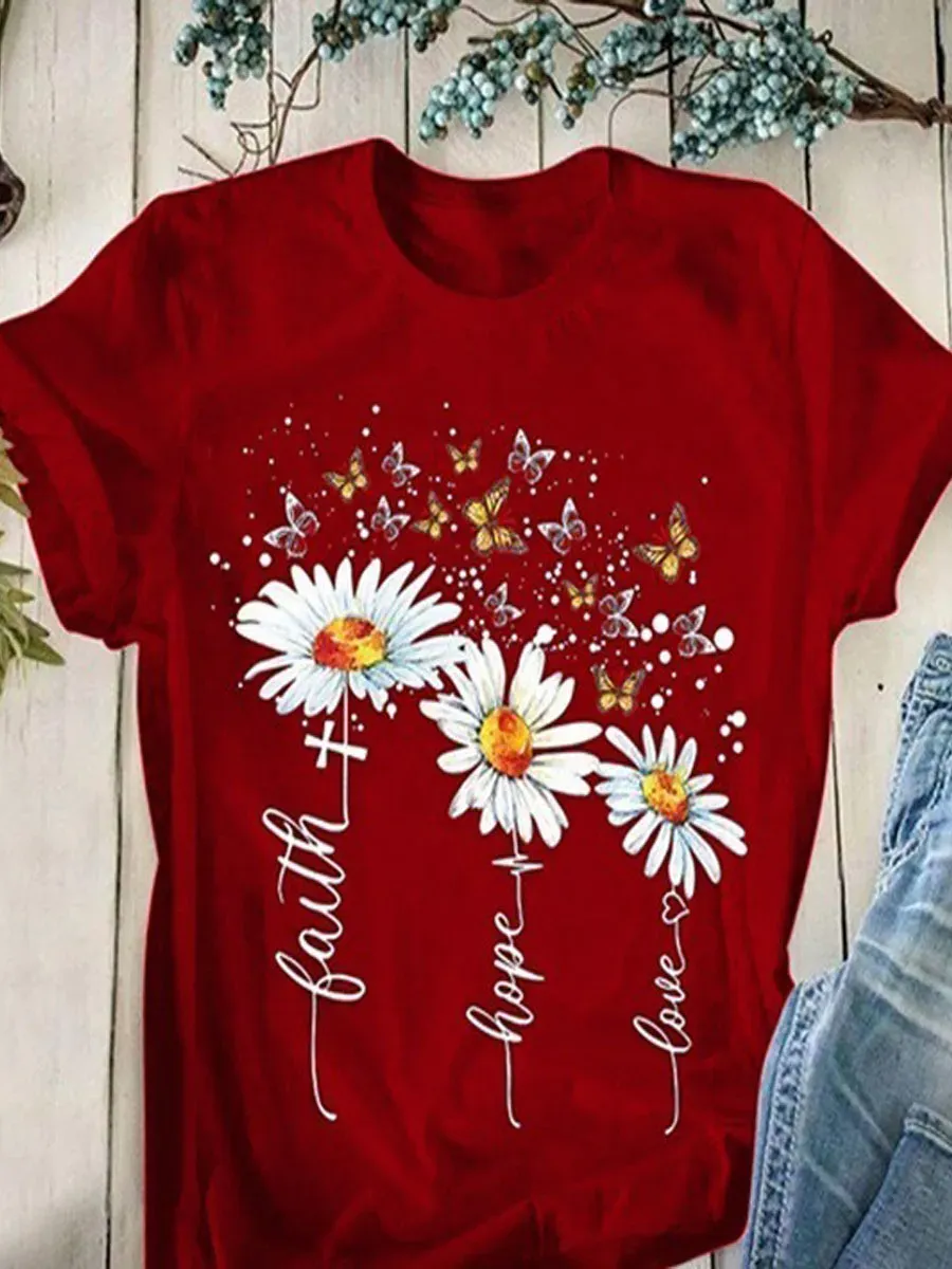 Round Neck Casual Creative Flower Print T-Shirt