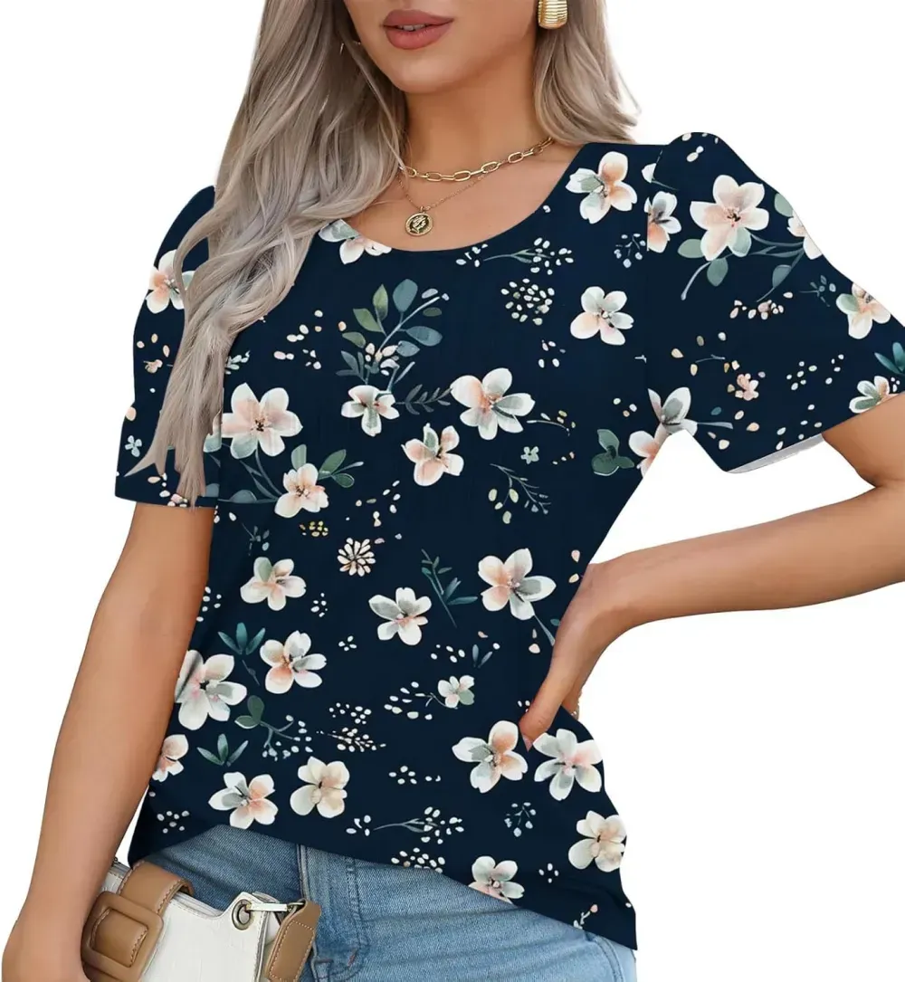 Womens Summer Pleated Front Shirts Tunics Casual Short Sleeved Loose Round Neck Boho Printed Tops Vacation Blouse