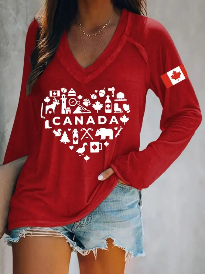 Women's Canadian Flag Heart Print T-Shirt