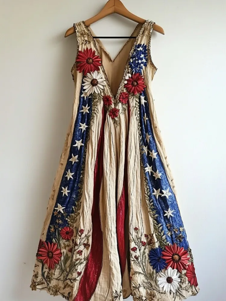 Women's Retro Independence Day Sunflower Art Linen Midi Dress