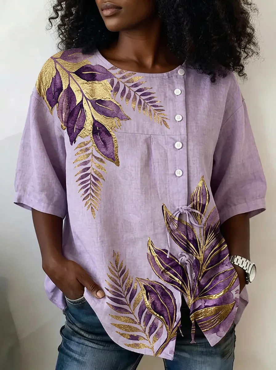 Women's Nashville Botanical Gold Purple Leaf Printed Linen Shirt