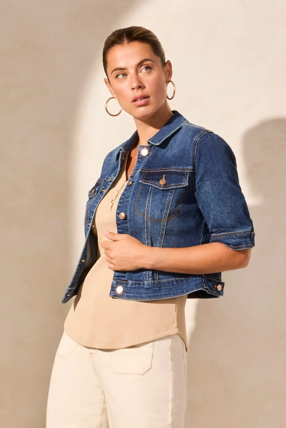Comfort Stretch Elbow-Sleeve Denim Jacket-Stormyblue