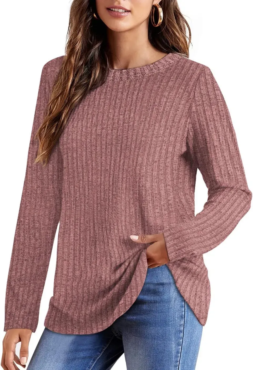 OFEEFAN Long Sleeve Shirts for Women Lightweight Crew Neck Casual Tunic Tops